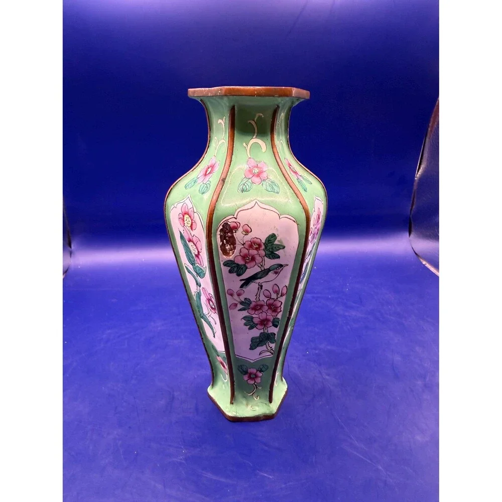 Vintage Chinese Canton Enamel on Copper Vase Butterfly1980s Hand Made in China